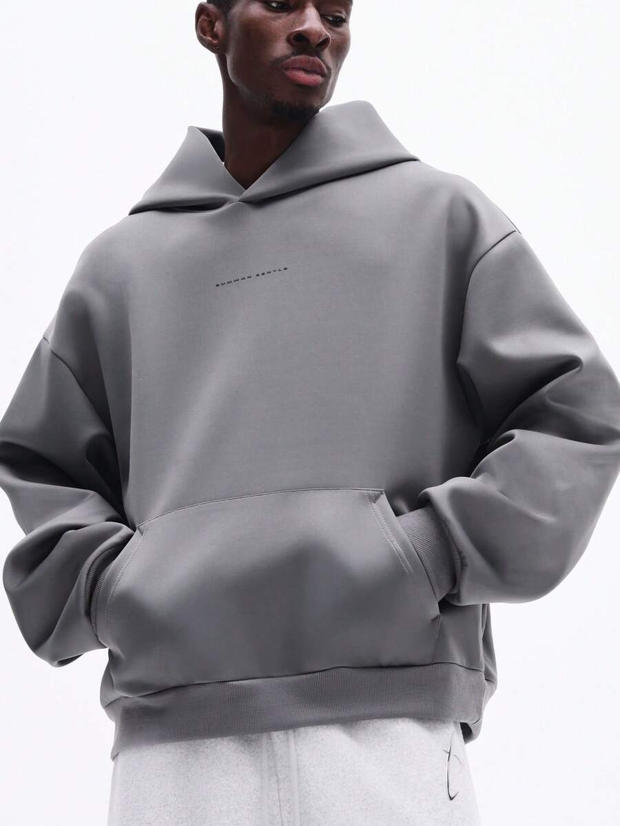 SUMWON Essential Regular Fit Overhead Pullover Hoodie With Chest Text Print And Centre Pocket For Casual Everyday Wear - Grey - View 1