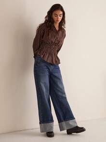 Easelle 棕色条纹梭织女式褶皱长袖落肩时尚纽扣前襟衬衫 - 棕色 - 查看 4