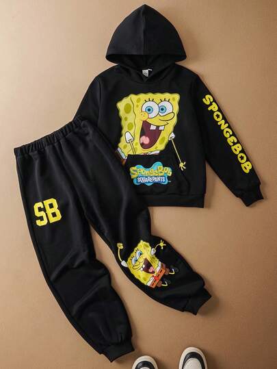 SpongeBob SquarePants | SHEIN Tween Boy Cartoon Pattern Cute Black Casual Long Sleeve Hoodie And Sweatpants Set