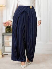 Modelyn Pantalones rectos de cintura elástica a rayas para mujer de talla grande, con decoración de hebilla metálica, casuales y versátiles, adecuados para el diario, el trabajo y diversas ocasiones - Azul Marino - Ver 4