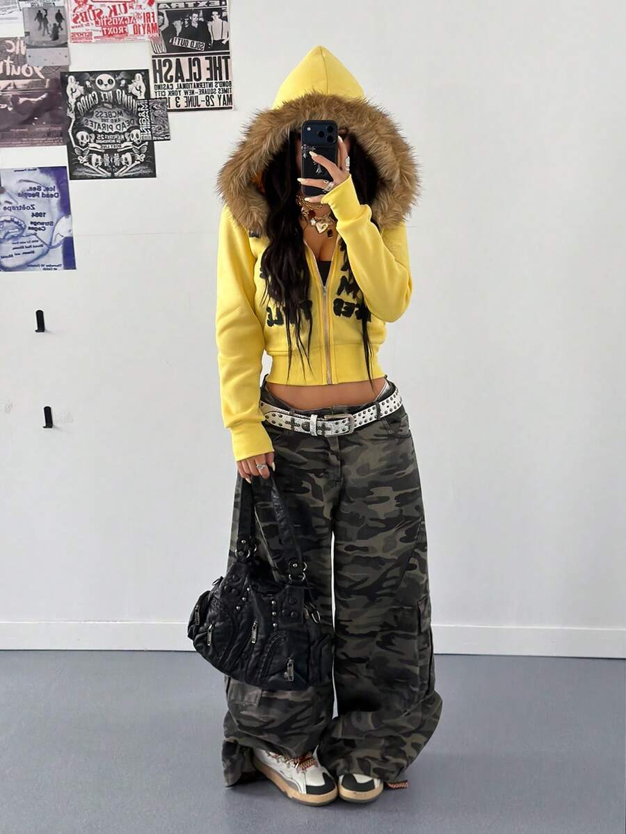 StreetHx 女士灰色保暖内衬黑色涂鸦字母印花渐变毛领修身短款连帽卫衣，秋冬款 - 鵝黃色 - 查看 1