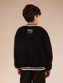 SUMWON Boys Textured Varsity Jacket With Letter Applique And Ribbed Trim - Black - View 2