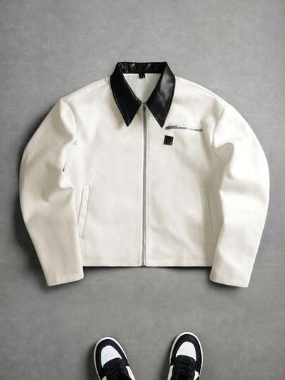 PAVTROS 加大码男士夹克外套，成熟休闲风，杏色和黑色撞色仿皮面料，领口拉链，短款夹克，常规版型，适合圣诞节、日常街头穿搭和聚会，是送给男友/老公周年纪念日的完美礼物。男士短款夹克，男士夹克，男士拉链上衣，黑白夹克，Y2K风格夹克，冬季，男士街头服饰，宽松。品牌：我爱我的男友，图案，加大码男士