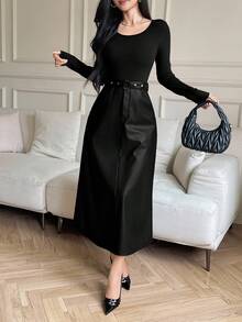 DAZY Women's Casual Contrast PU Leather Belted Long Dress, Suitable For Daily, Office, Commuting, Spring/Autumn - Black - View 5