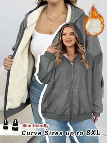 SHEIN CURVE+ 大码女装/秋季服装/秋季女装/冬季女装/冬季女装大码女式黑色针织连帽毛绒卫衣大码女式连帽衫大码女式卫衣8XL女装6XL大码女装大码女装大码女装/秋季/冬季 - 深灰色 - 查看 1