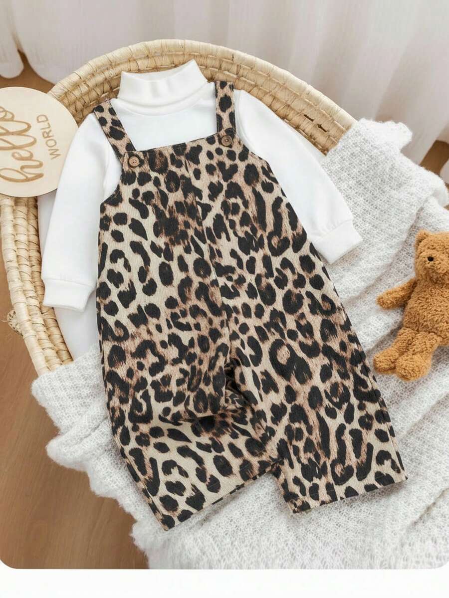 SHEIN Babygirl Chic Leopard Print Jumpsuit, Versatile All-Match Style Suitable For Indoor, Outdoor Skiing, Daily Wear, Sports, Play, Party, Photography, Christmas Season - Apricot - View 1