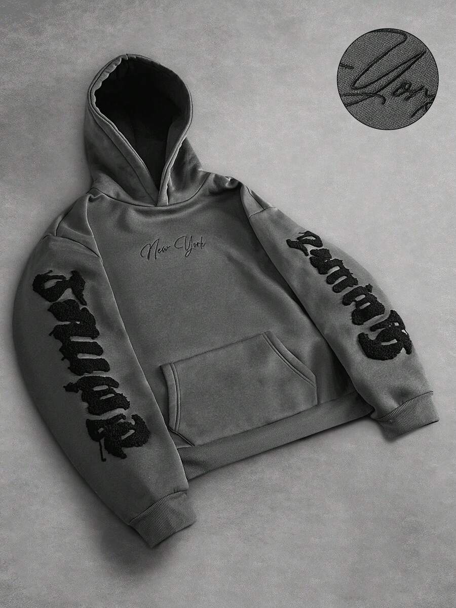 PAVTROS Men's Letter Print Long Sleeve Pocket Casual Hoodie New York Hoodie Streetwear Hoodie Graphic Sleeve Hoodie Mens Hoodie Hoodie Grey - Dark Grey - View 1