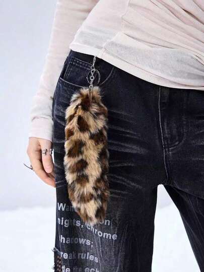 Goth 1pc Y2K Retro Luxury Fashionable Fluffy Fluffy Brown Leopard Tiger Stripe Animal Print Tail Keychain Bag Charm, Suitable For Cosplay, Daily Wear, Gifts