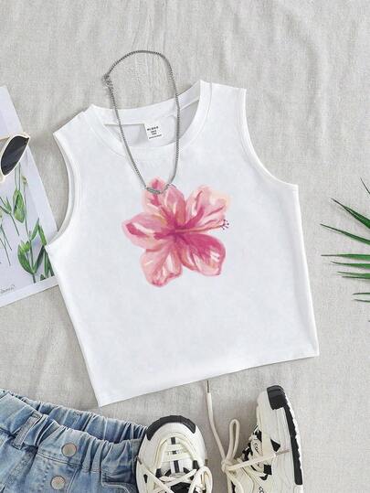 Sparklyn Áo ba lỗ cổ tròn không tay họa tiết hoa thường ngày cho bé gái, thích hợp mặc vào mùa hè