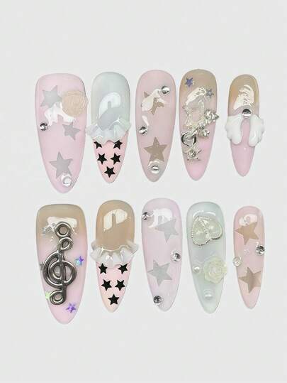 ROMWE Kawaii Cute Lace Edged Romantic Heart Ballerina Style Bow White Wings Metal Music Note Pink Series Handmade False Nail Tips, Mass Produced Energetic Girl Wear, Suitable For Daily Outings And Dates