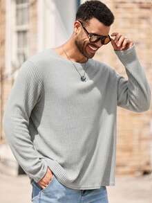 EASEVO 加大码男士纯色休闲圆领长袖T恤 - 淺灰色 - 查看 3