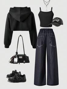 SHEIN ChillGRL Streecool 儿童休闲青少年女孩宽松街头风格牛仔印花裤、短款吊带背心、长袖连帽网眼衬衫三件套服装，时尚 - 黑色 - 查看 2