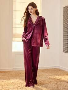 MOTF PREMIUM VELVET SOLID V-NECK RUFFLE TRIM TOP & PANTS LOUNGE SET