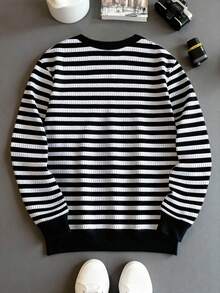 Manfinity Dauomo Sudadera holgada casual con cuello redondo y estampado de rayas para hombre - Blanco y Negro - Ver 2