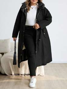 SHEIN CURVE+ Plus Size Women's Long Hooded  Thermal Lined Winter Coat - Black - View 5