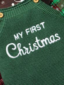 SHEIN 白色针织连体衣，婴儿款，无袖，饰有英文字母刺绣，新生儿连脚设计，休闲百搭。 - 綠色 - 查看 6