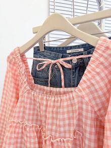 INAWLY 女士秋季新款可爱荷叶边下摆衬衫 - 珊瑚粉 - 查看 8