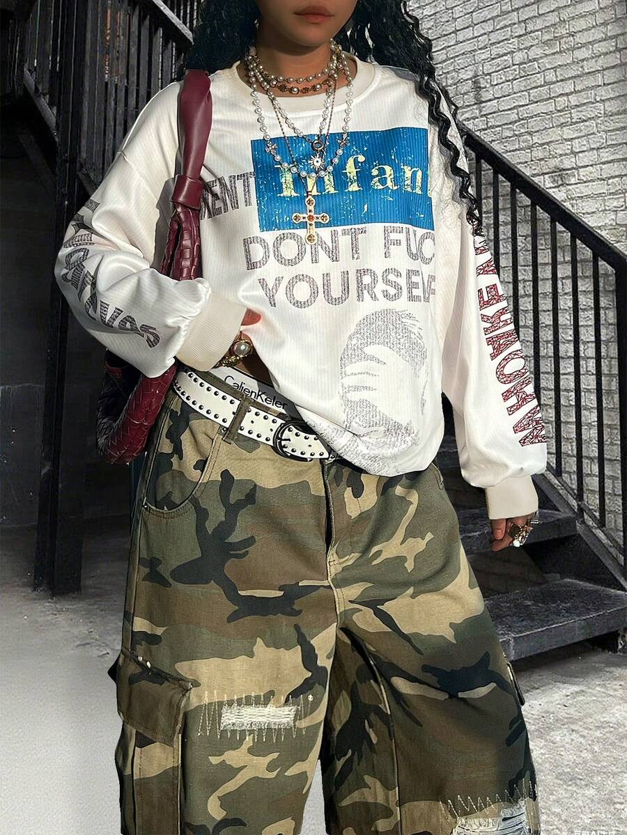 Rovax Women's Casual Fashionable Street Slogan Print Dropped Shoulder Loose Crew Neck Long Sleeve Sweatshirt - Multicolor - View 1