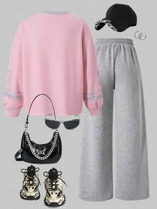 SHEIN Explorewe Set de 2 piezas Romweezy para niñas preadolescentes: sudadera holgada con estampado de letras americanas y pantalones rectos, adecuado para uso casual diario, deportes y vuelta al colegio en primavera/otoño - Rosa - Ver 2