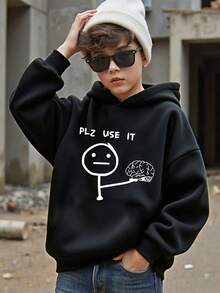 SHEIN 大童黑色长袖连帽衫，休闲时尚创意简约卡通火柴棒图案字母印花套头衫 - 黑色 - 查看 6