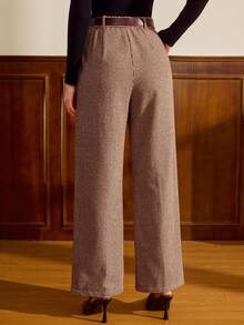 Vintamour 复古优雅女士长裤，带口袋和腰带，千鸟格图案羊毛休闲工作度假套装裤，冬季女士圣诞女士新年女士新年棕色裤子千鸟格裤 - 棕色 - 查看 5