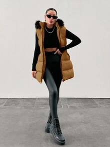 Padded Vest With Furry Hood And Adjustable Waist, Two Side Pockets, Thick And Fashionable Puffer Jacket, Quilting Details - Brown - View 7