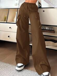 SHEIN EZwear 女士休闲纯色高腰阔腿裤 - 棕色 - 查看 2