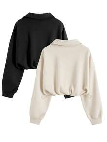 Airaco 2pcs Casual Solid Color Half Zip Drawstring Hem Sweatshirt Set - Multicolor - View 2