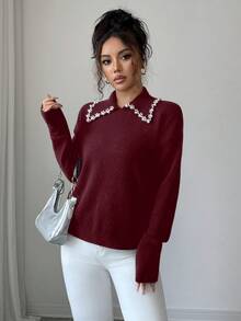 SHEIN Elenzya Women's Autumn/Winter Aniusta Casual Top, Suitable For Vacation, Independence Day, Labor Day, Columbus Day, Thanksgiving, Valentine's Day, Vintage, Scandinavian, Korean Style, Elegant, Versatile, Student, Teacher, Gothic, Office, Business Casual, Back To School Season, Embellished Collar Black Knit Sweater - Burgundy - View 4