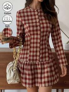 Elyressa Váy kẻ caro thanh lịch và thời trang dành cho quý cô mùa thu - Đỏ - Xem 3