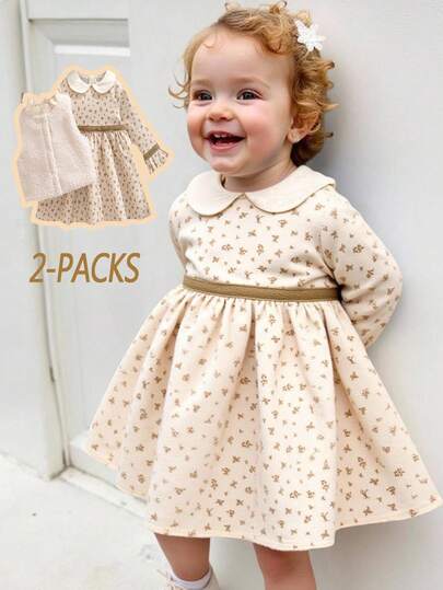 Souflis Souflis 两件套法式休闲碎花长袖连衣裙+加厚抓绒上衣套装，适合上学、外出及多种场合，秋冬季女童套装，秋冬季两件套幼儿女童可爱复古米色女婴服装连衣裙两件套