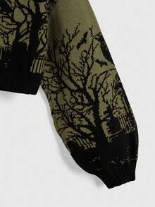 ROMWE Goth 女士哥特式暗黑高领保暖乌鸦墓地月亮蝙蝠树枝提花黑色灯笼袖毛衣 - 墨綠色 - 查看 3