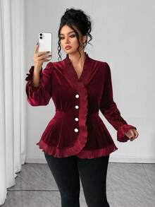 SHEIN Elenzya 加大码女式天鹅绒纯色蕾丝拼布荷叶边下摆腰部收紧长袖 V 领全扣优雅修身衬衫 - 酒紅色 - 查看 5