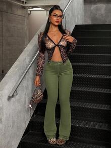 SHEIN Tall 高腰修身喇叭牛仔裤 - 軍綠色 - 查看 5