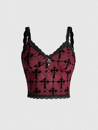 Goth Camiseta corta de verano con encaje de malla con estampado cruzado