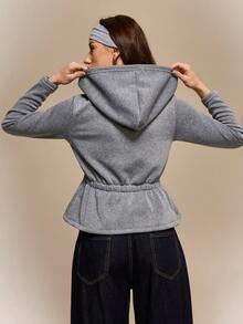 Hanevo Solid Color Raglan Sleeve Cinched Waist Zip-Up Sweatshirt For Women, In Fall/Winter - Dark Grey - View 2