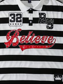 ROMWE MEN Men's Striped Short Sleeve Polo Shirt, Loose Fit - Black - View 4