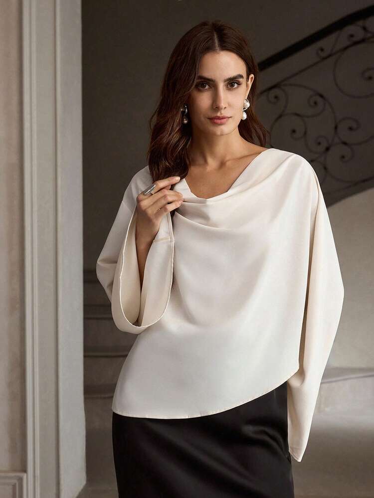 ZEYLAH Women's Elegant Simple Solid Color Loose Drop Shoulder Blouse - Apricot - View 4