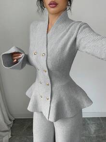 Elenzga Zestaw 2 szt.: Elegancki, swobodny kardigan w kolorze niebieskim, ze stójką, rozszerzanymi rękawami i ściągaczem w pasie oraz prostym swetrem dzianinowym, jesień/zima - Szary - Zobacz 7