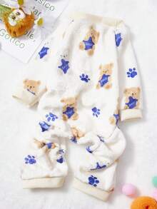 PETSIN 1件蓝色小狗脚印和泰迪熊印花宠物连体衣 白色秋冬法兰绒保暖舒适宠物保暖服 - 彩色 - 查看 1