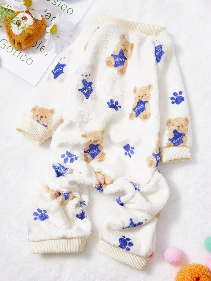 PETSIN 1件蓝色小狗脚印和泰迪熊印花宠物连体衣 白色秋冬法兰绒保暖舒适宠物保暖服 - 彩色 - 查看 1