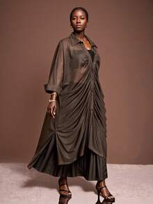 Veslaya Plus Size Women's Solid Color 3/4 Sleeve Single-Breasted Pleated Long Loose Jacket/Winter - Brown - View 3