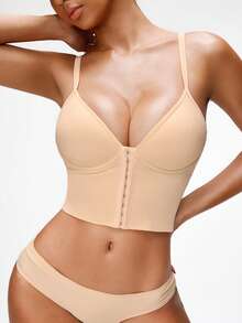 SHAPORA 一件装女士无缝塑形吊带背心，带模压罩杯，提拉收腰，前扣设计，可外穿 - 杏色 - 查看 6