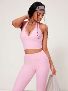 Hanevo 女士蕾丝领露背上衣和阔腿裤两件套 - 粉色 - 查看 3