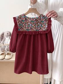 LMoss Kids Young Girl Woven Solid Color Patchwork Ditsy Floral Peter Pan Collar Casual Dress - Burgundy - View 3