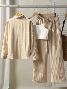 Sparklyn 3 件套休闲时尚编织提花纹理衬衫，搭配吊带背心和长裙，适合少女，宽松舒适，适合春季、夏季、秋季、日常穿着、通勤、户外活动、派对、拍照 - 彩色 - 查看 8