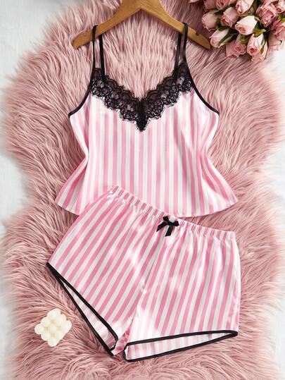 Women's Elegant Pink & White Striped Soft Satin Lace Trim Camisole & Shorts 2 Pieces Pajama Set Pink Pajama Set