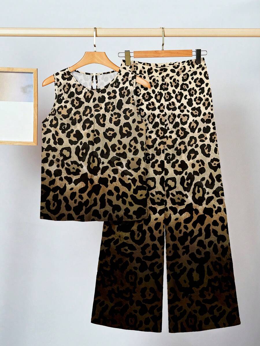 SHEIN Clasi Bộ 2 trang phục họa tiết da báo ombre dành cho nữ, thoải mái khi mặc hàng ngày - Nhiều màu - Xem 1