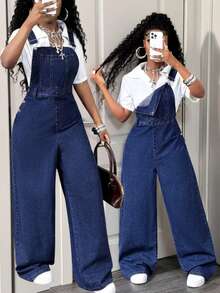 BamGleam 时尚休闲女式牛仔背带裤和连体裤 - 藍色 - 查看 1