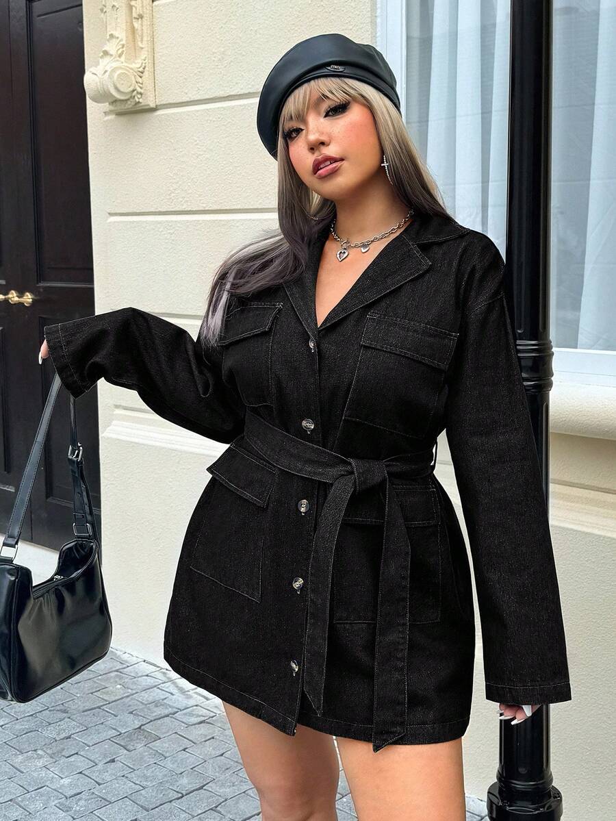 SHEIN EZwear 大码纯色前扣腰带休闲长袖牛仔连衣裙 - 黑色 - 查看 1